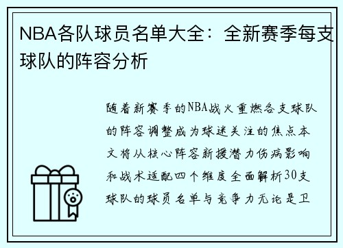 NBA各队球员名单大全：全新赛季每支球队的阵容分析
