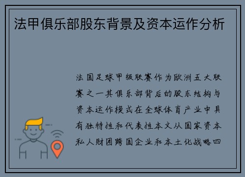 法甲俱乐部股东背景及资本运作分析